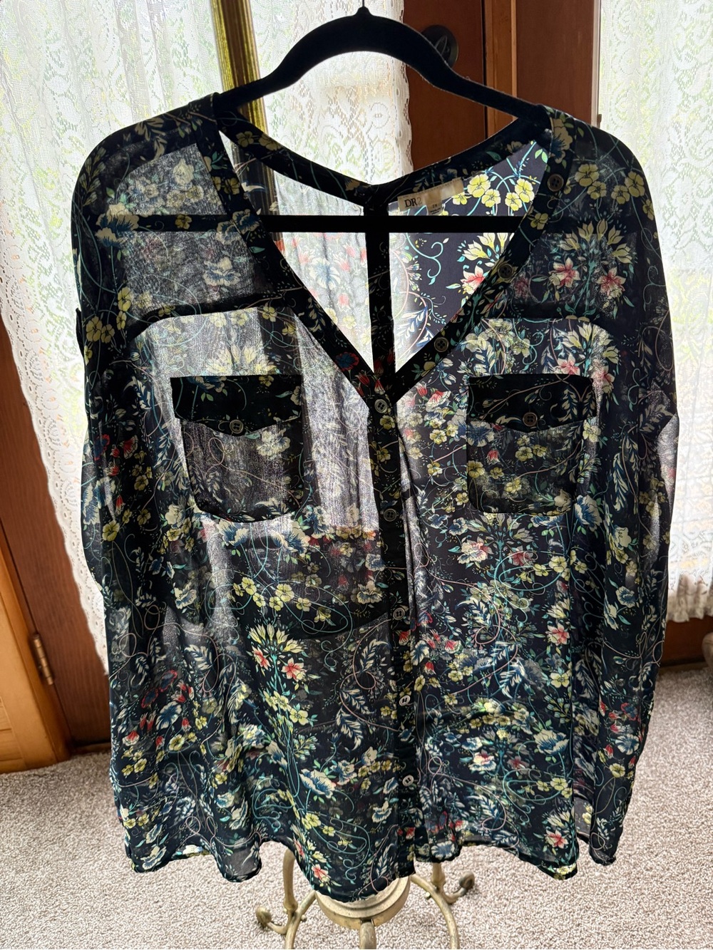 DR2 Sheer Black Floral Button-Front Blouse